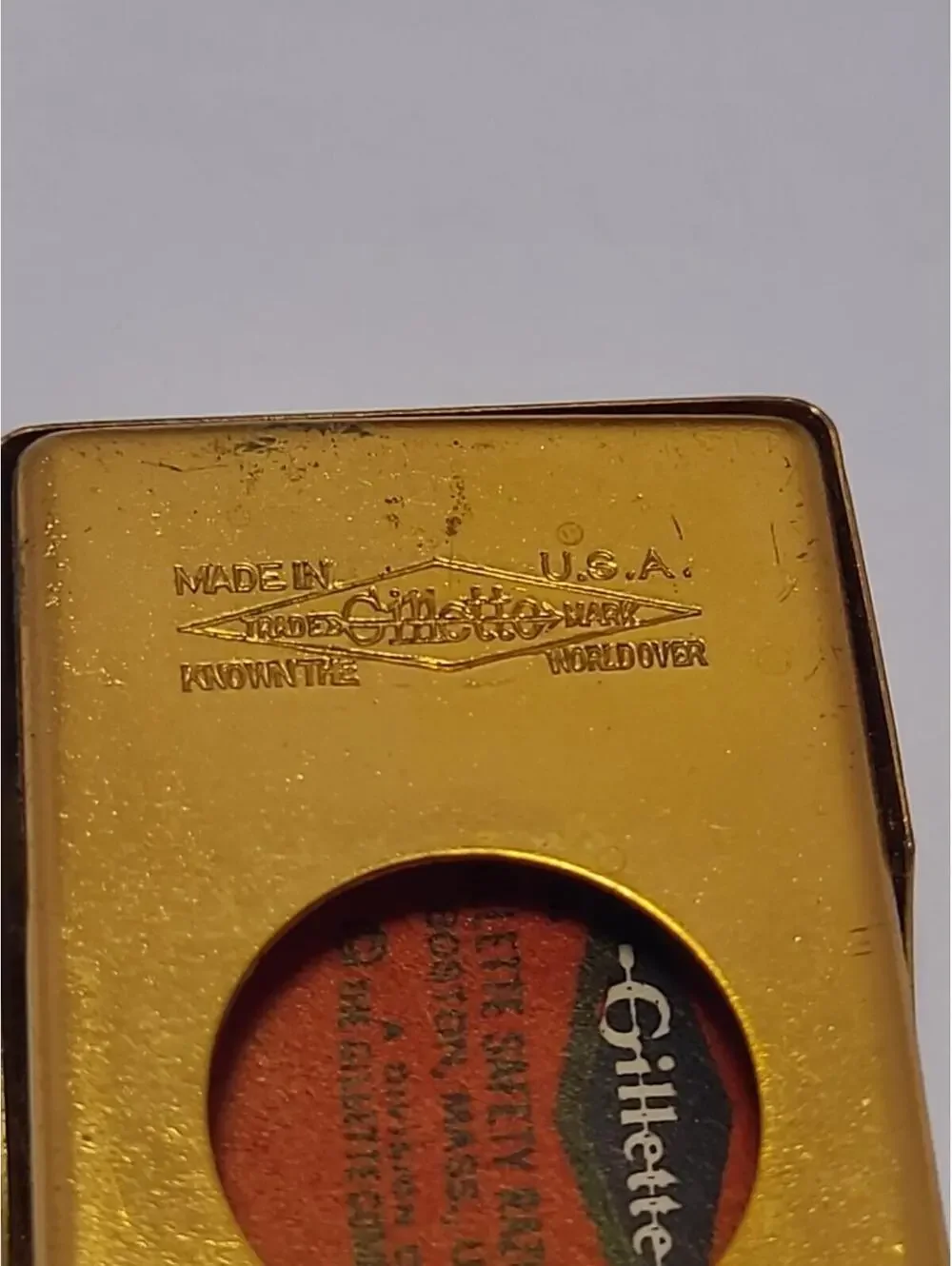 Vintage Gillette Gold Tone Safety Razor Pat 1858316 Repat 17567 + Case & Blade
